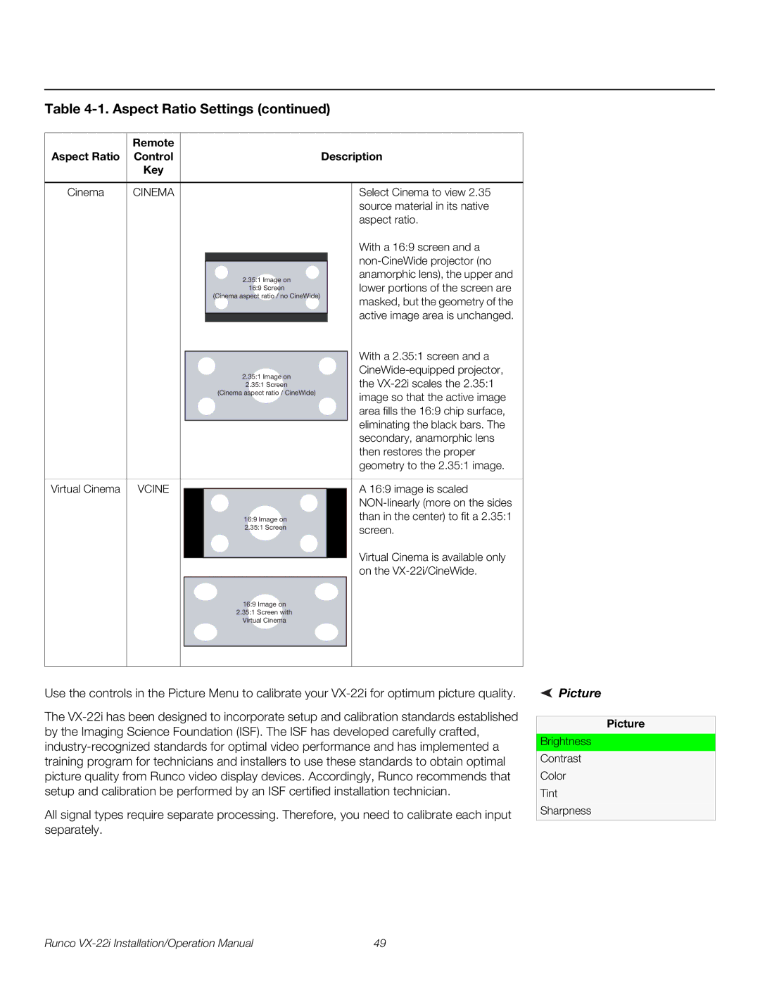 Runco VX-22I operation manual Picture, Remote Aspect Ratio Control Description Key 