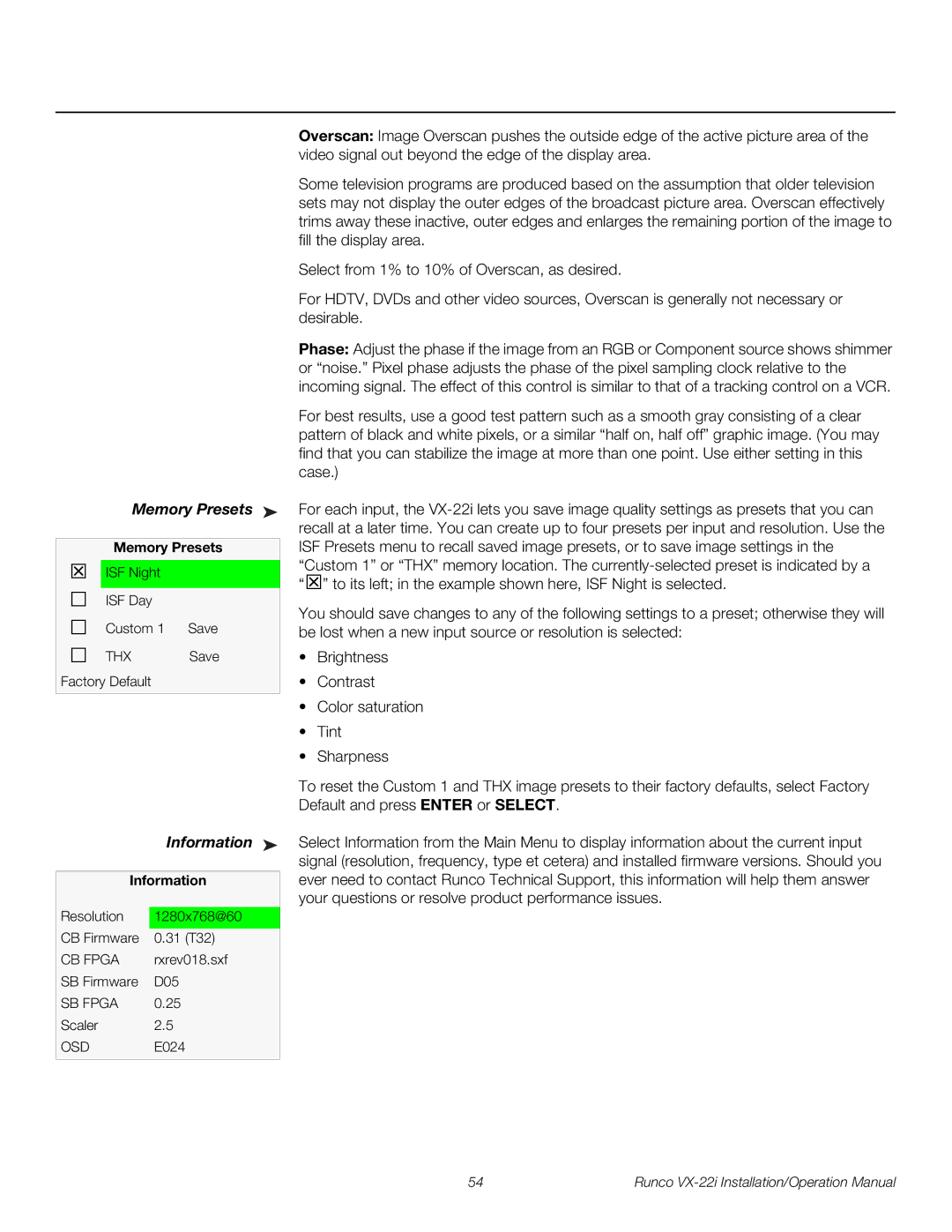 Runco VX-22I operation manual Memory Presets, Information 