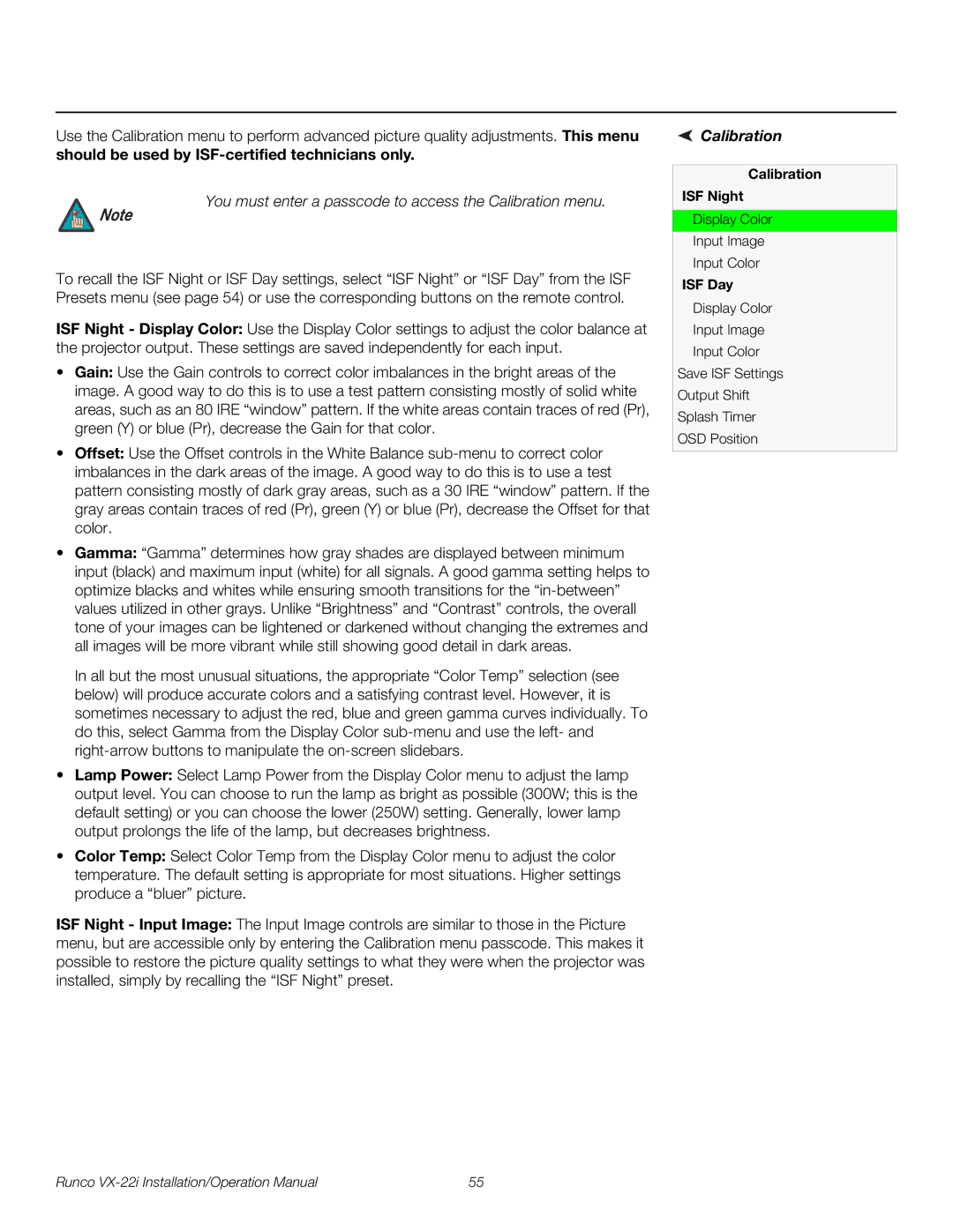 Runco VX-22I operation manual Calibration ISF Night, ISF Day 