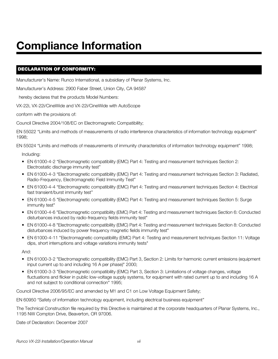 Runco VX-22I operation manual Compliance Information, Declaration of Conformity 