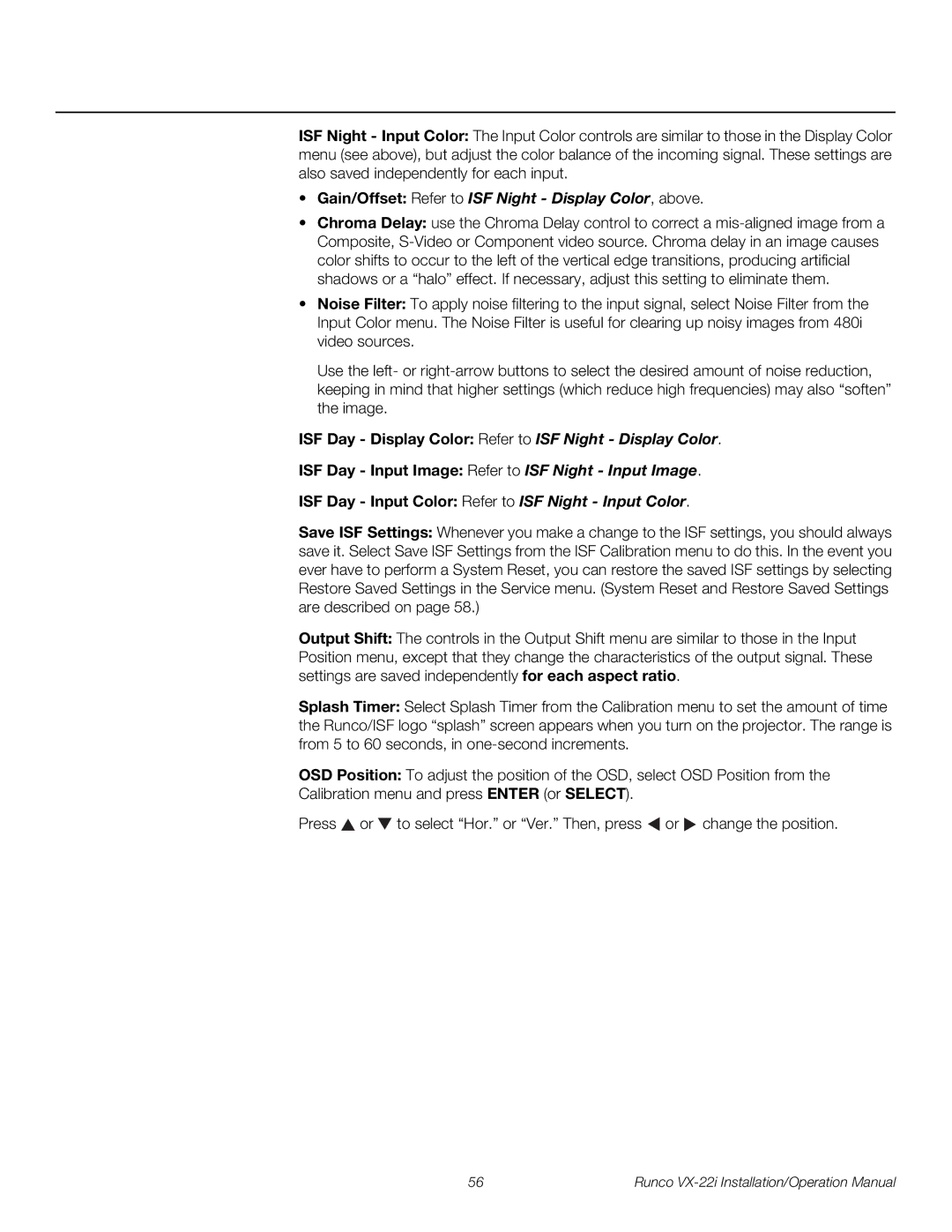 Runco VX-22I operation manual Gain/Offset Refer to ISF Night Display Color, above 