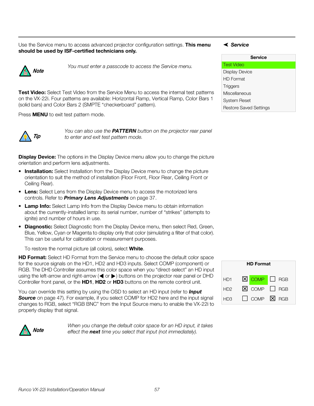 Runco VX-22I operation manual Service, HD Format 