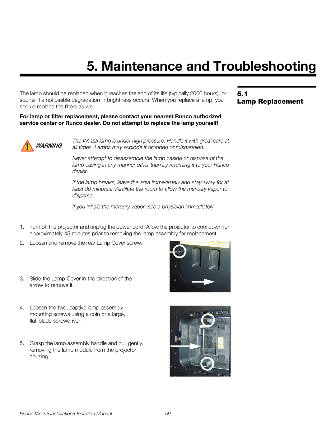 Runco VX-22I operation manual Maintenance and Troubleshooting, Lamp Replacement 