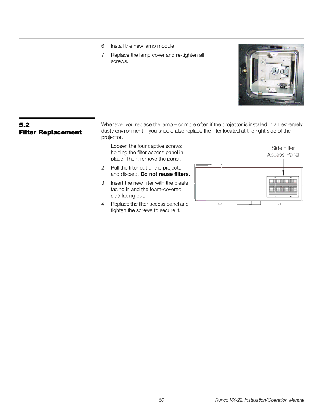 Runco VX-22I operation manual Filter Replacement, Side Filter Access Panel 