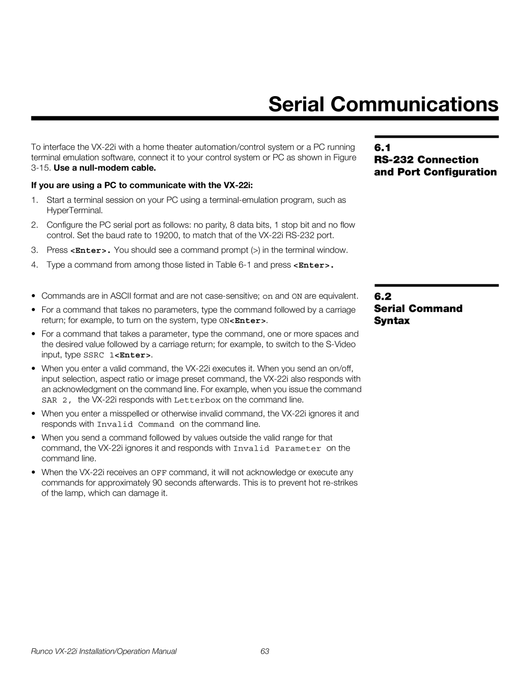 Runco VX-22I operation manual Serial Communications, If you are using a PC to communicate with 