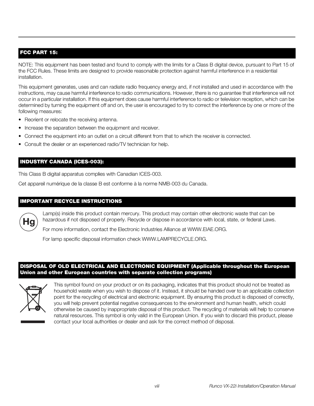 Runco VX-22I operation manual FCC Part 