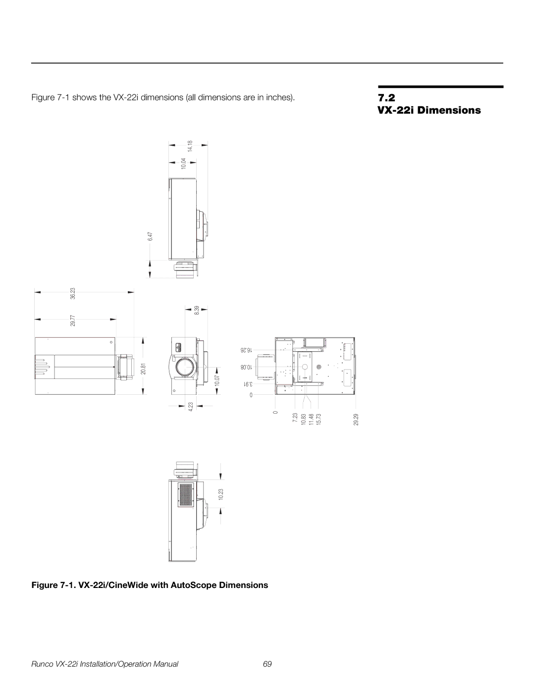 Runco VX-22I operation manual VX-22i Dimensions, VX-22i/CineWide with AutoScope Dimensions 