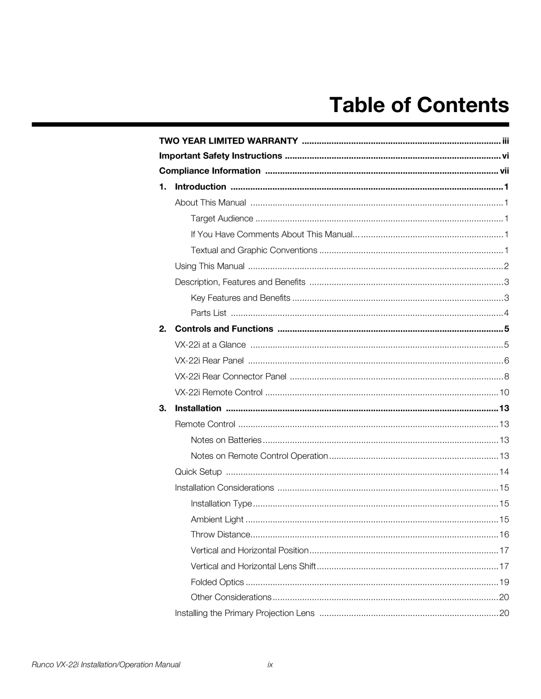 Runco VX-22I operation manual Table of Contents 