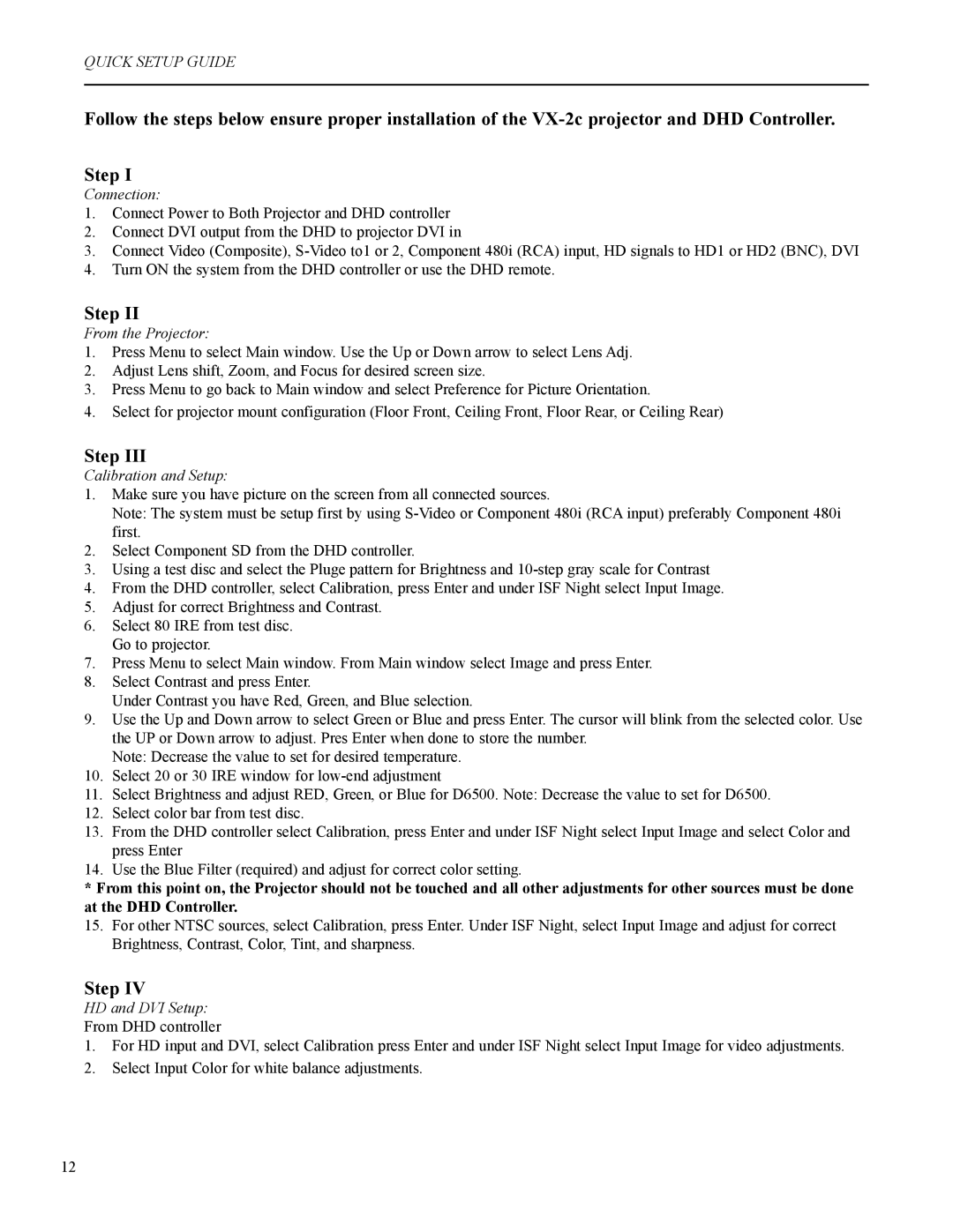 Runco VX-2c manual Quick Setup Guide 