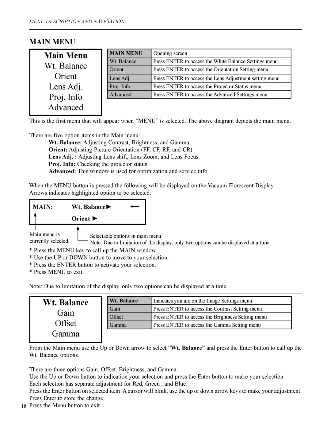 Runco VX-2c manual Main Menu, Wt. Balance Orient Lens Adj Proj. Info Advanced, Gain Offset Gamma 