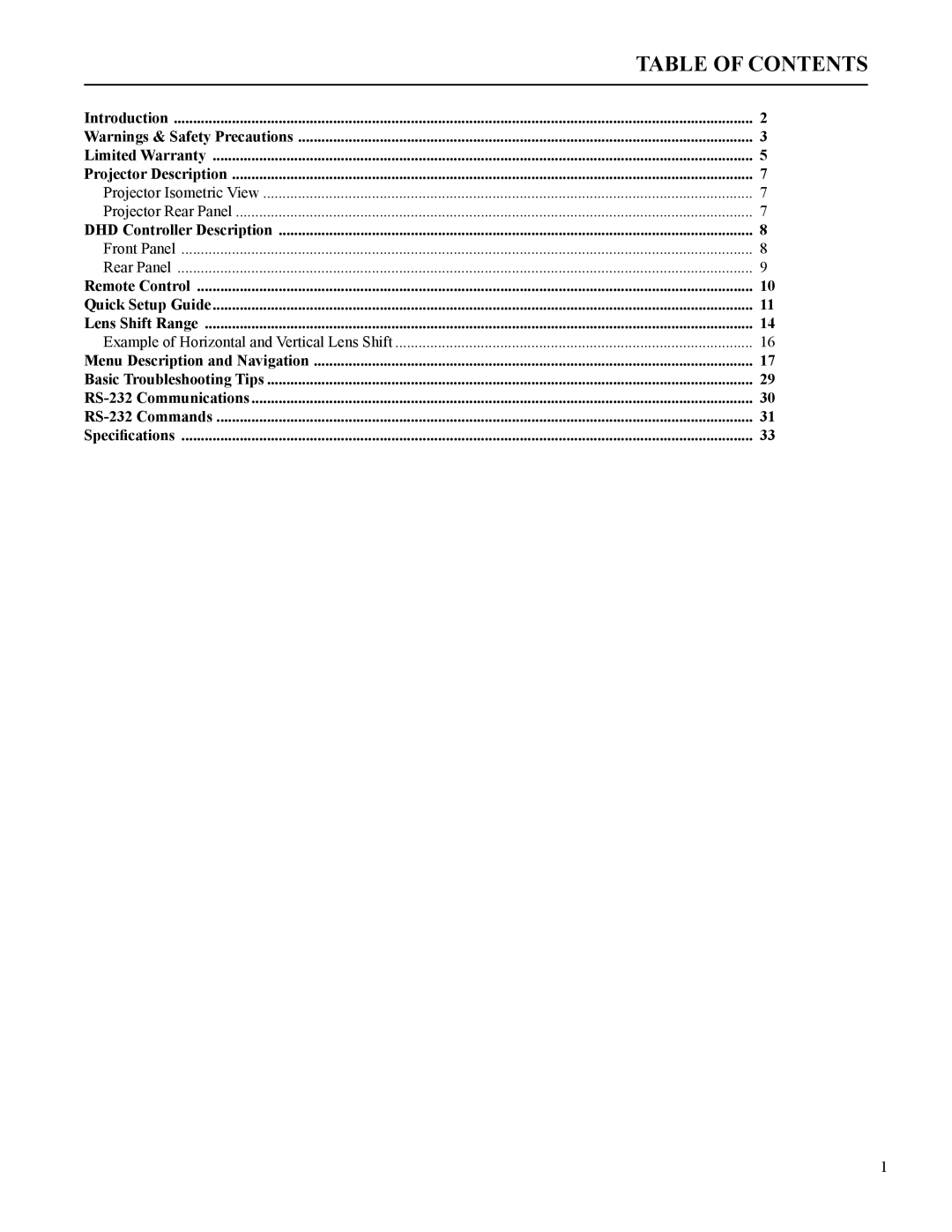 Runco VX-2c manual Table of Contents 