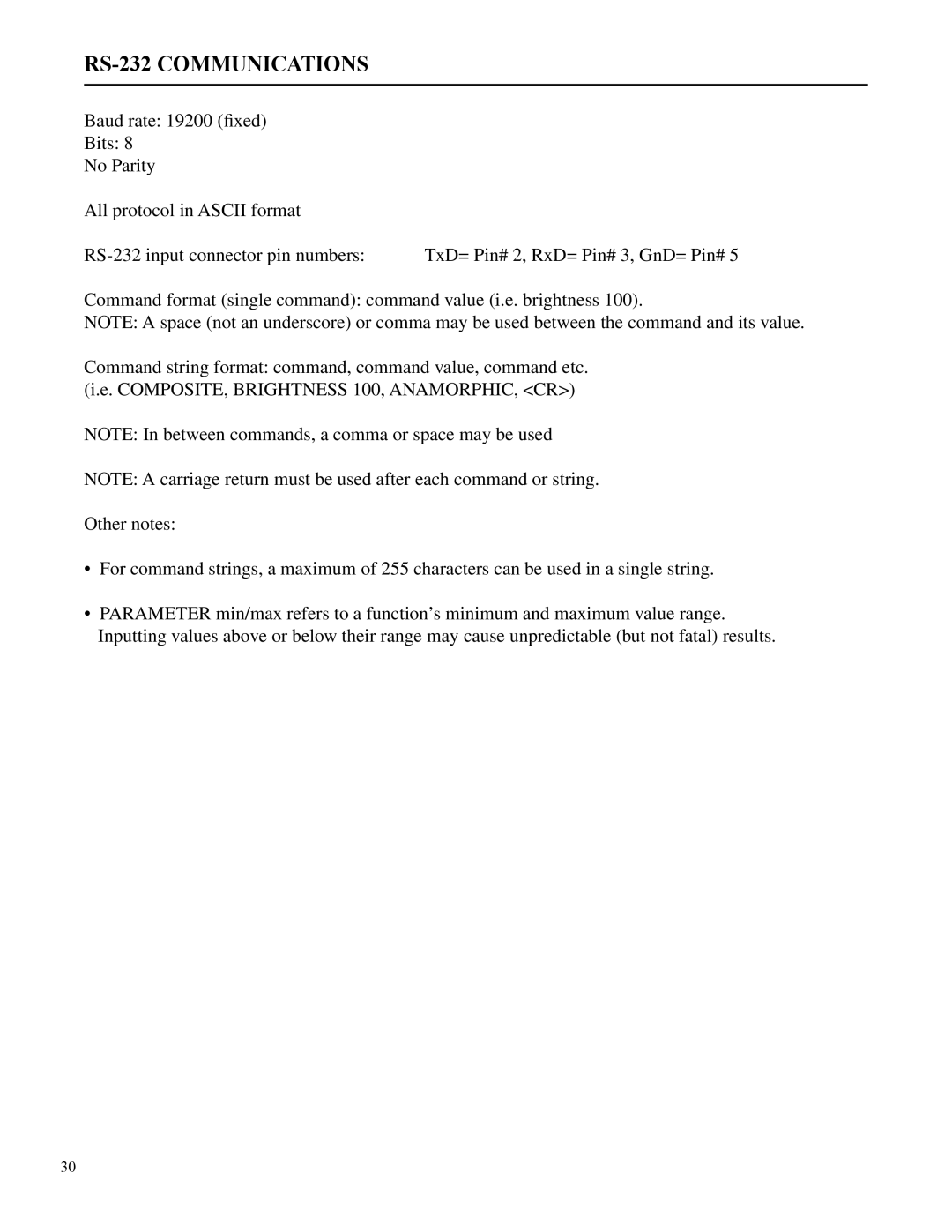 Runco VX-2c manual RS-232 Communications, Command format single command command value i.e. brightness 