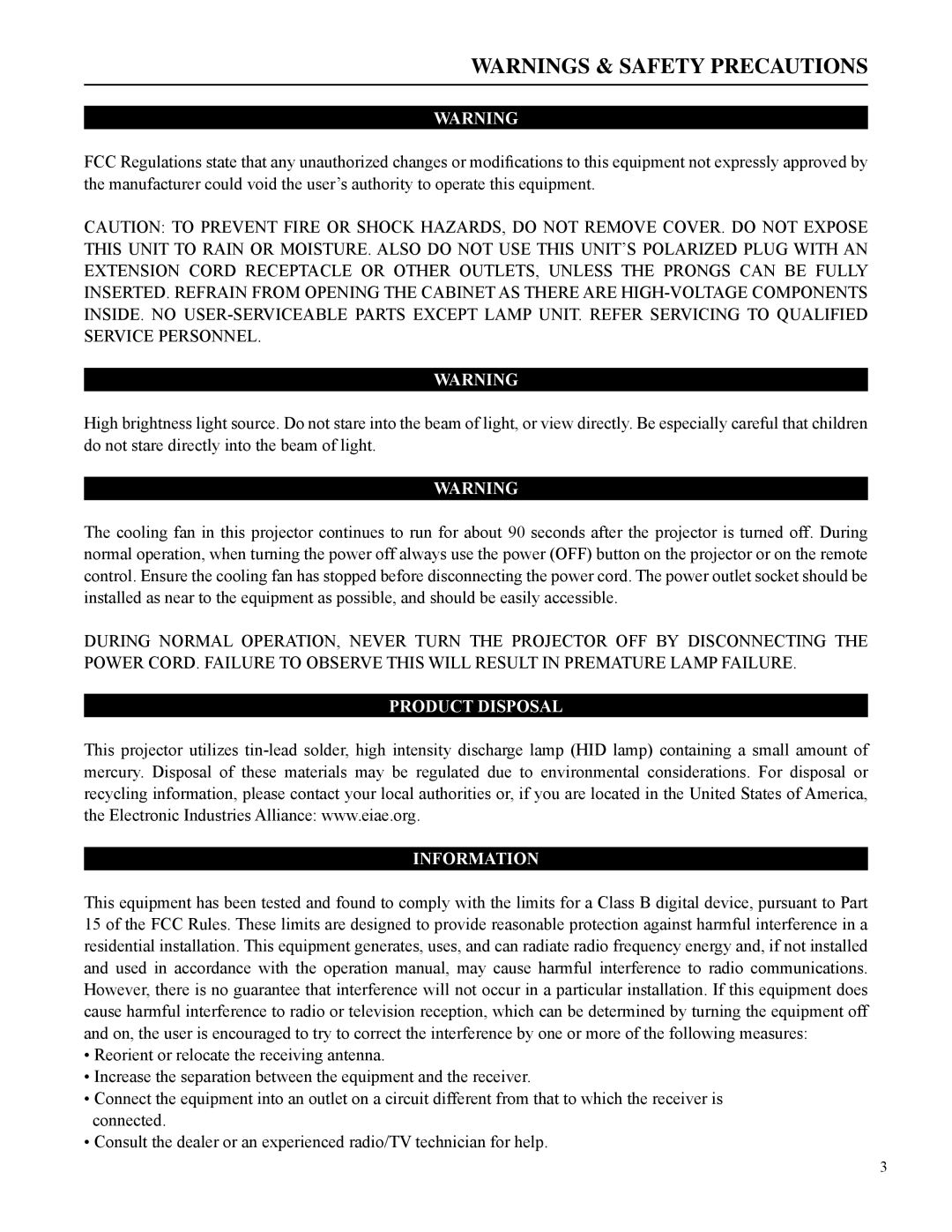 Runco VX-2c manual Product Disposal Information 