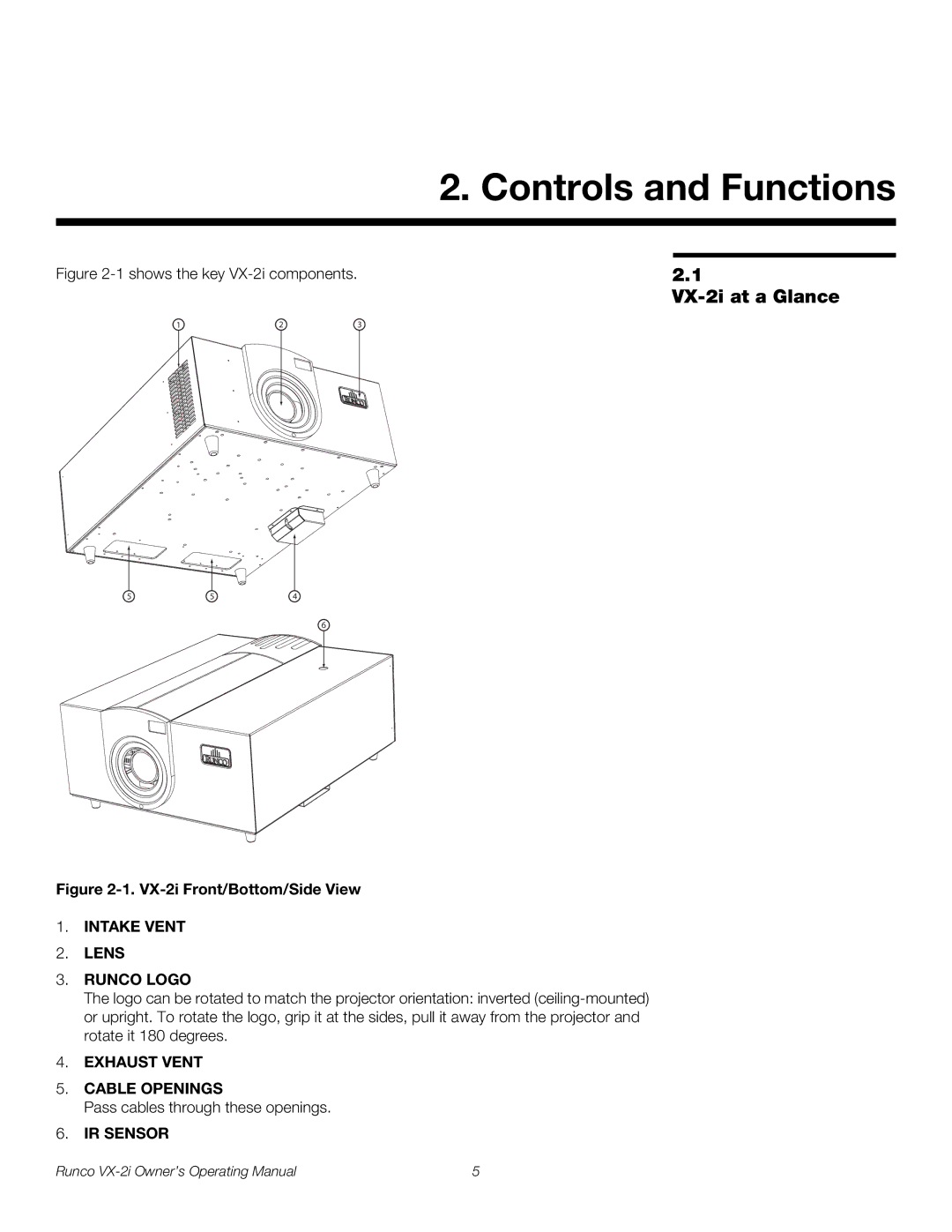 Runco manual Controls and Functions, VX-2i at a Glance 