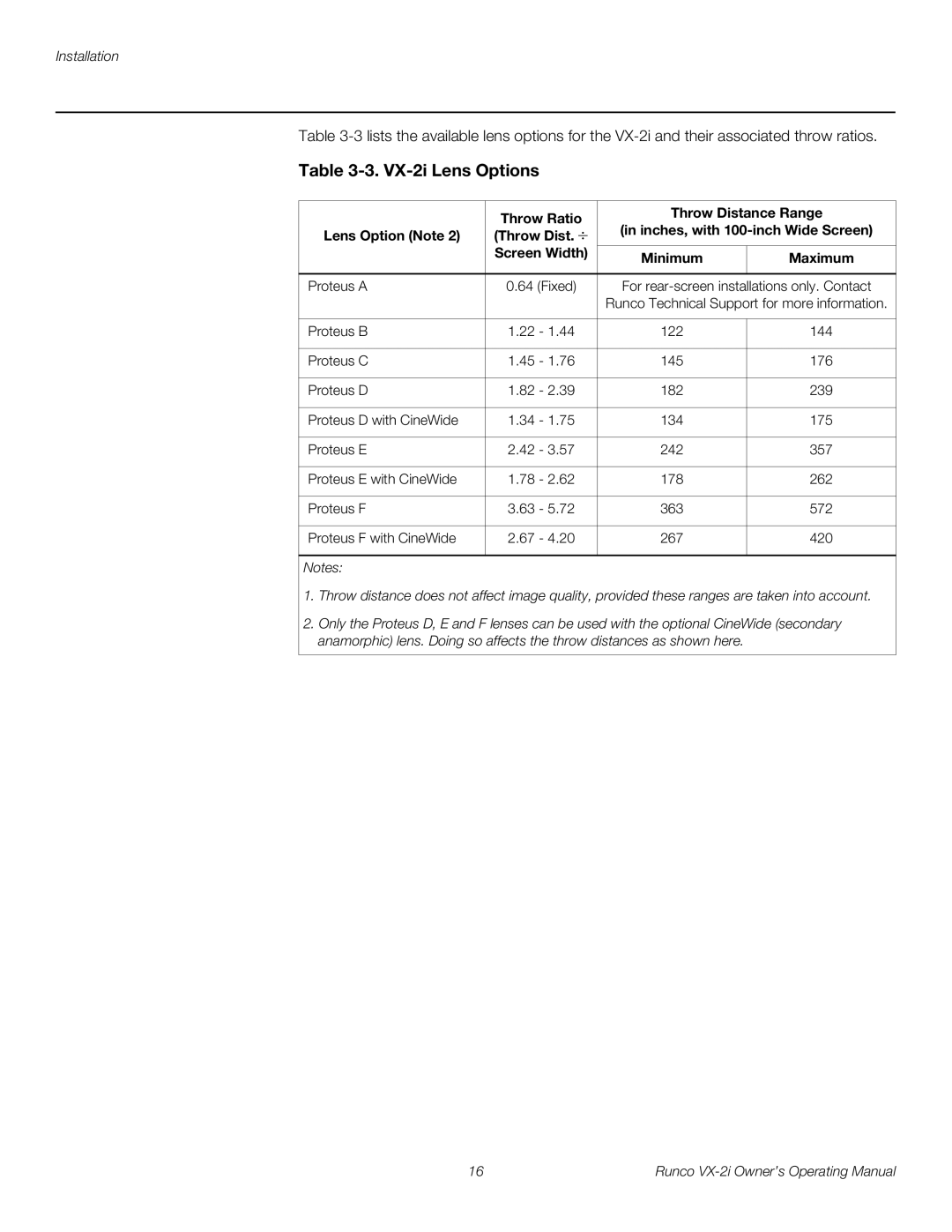 Runco VX-2i manual Throw Ratio Throw Distance Range, Lens Option Note Throw Dist Screen Width Minimum Maximum 