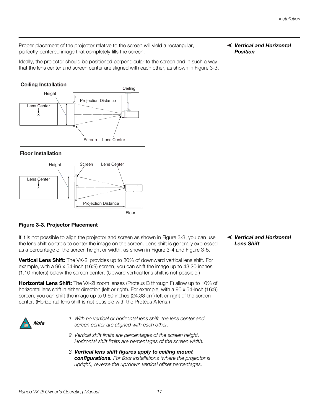 Runco VX-2i manual Vertical and Horizontal, Position, Lens Shift 