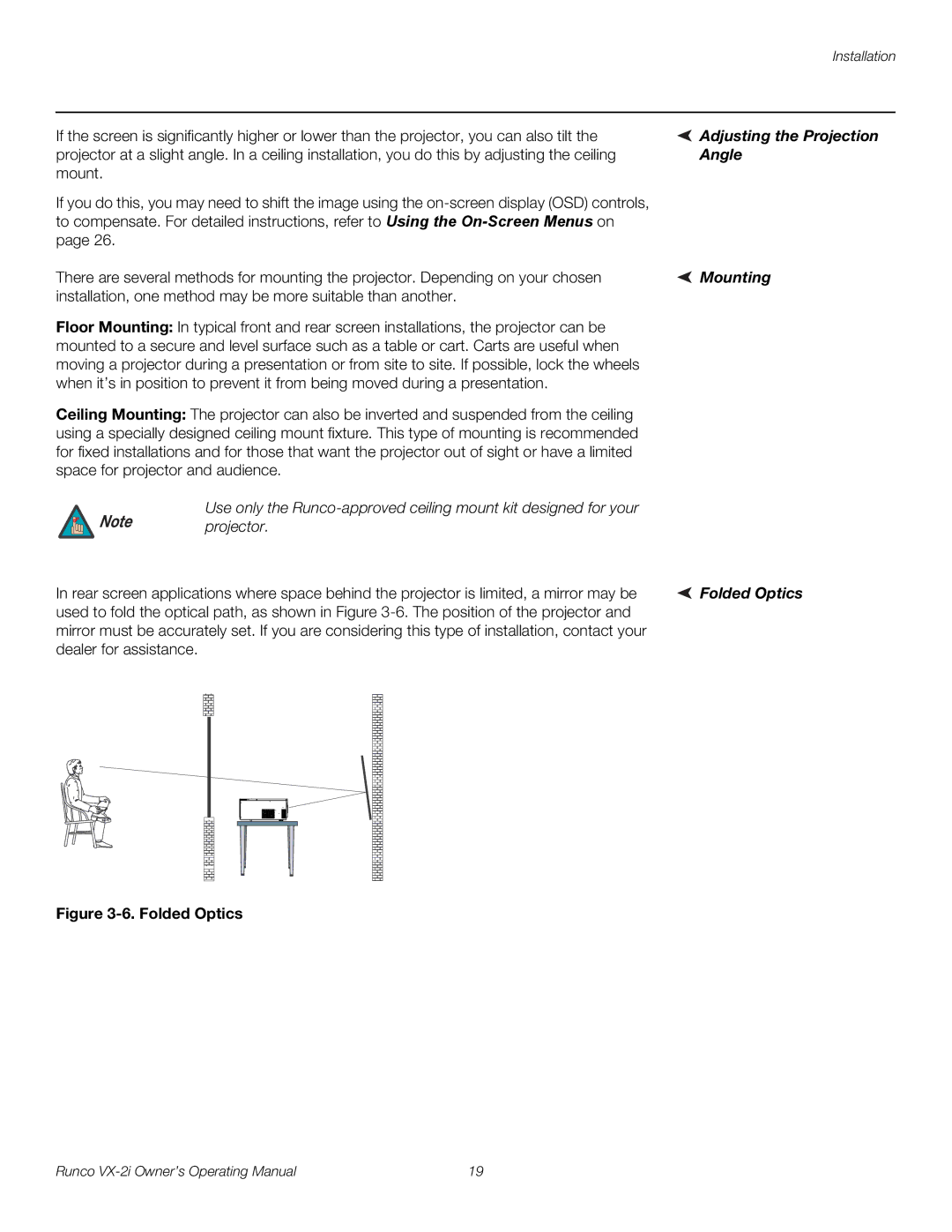 Runco VX-2i manual Adjusting the Projection, Angle, Mounting, Folded Optics 