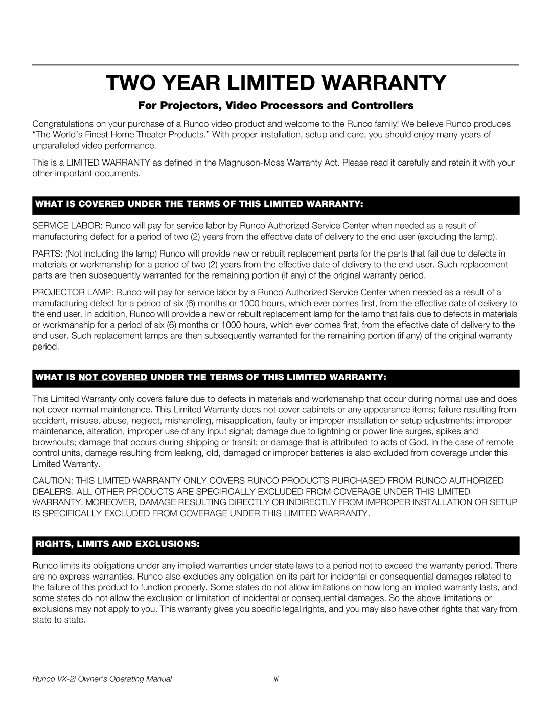 Runco VX-2i manual TWO Year Limited Warranty, For Projectors, Video Processors and Controllers 