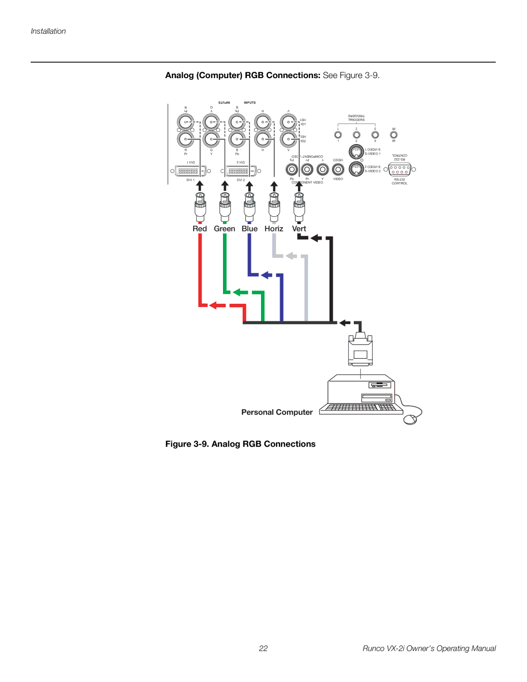 Runco VX-2i manual Analog Computer RGB Connections See Figure, Analog RGB Connections 