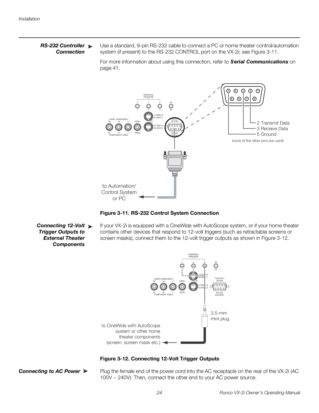 Runco VX-2i manual RS-232 Controller, Connection, Connecting 12-Volt, Trigger Outputs to, External Theater, Components 