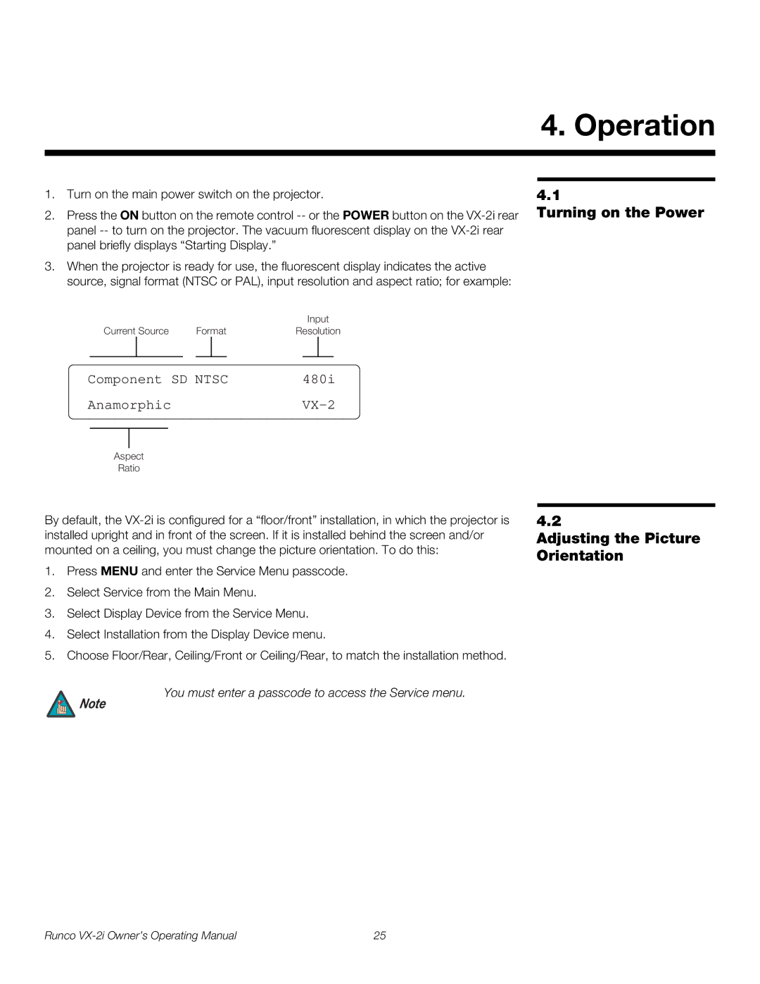 Runco VX-2i manual Operation, Turning on the Power, Adjusting the Picture Orientation 