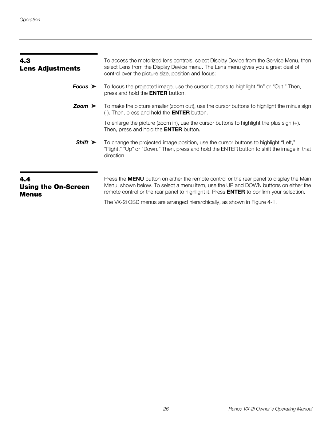 Runco VX-2i manual Lens Adjustments, Using the On-Screen Menus, Focus Zoom Shift 