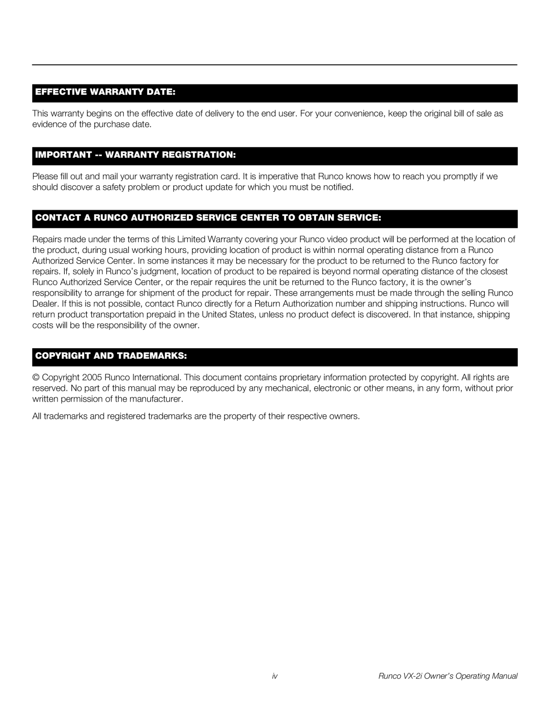 Runco VX-2i manual Effective Warranty Date 