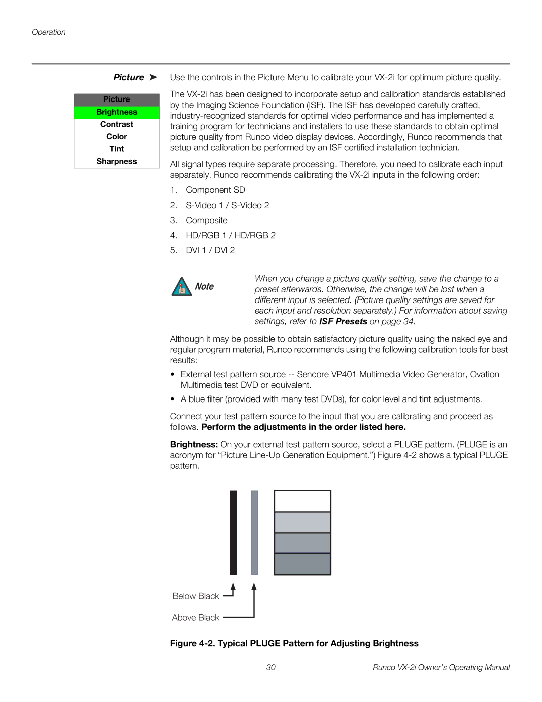 Runco VX-2i manual Picture Brightness Contrast Color Tint Sharpness 
