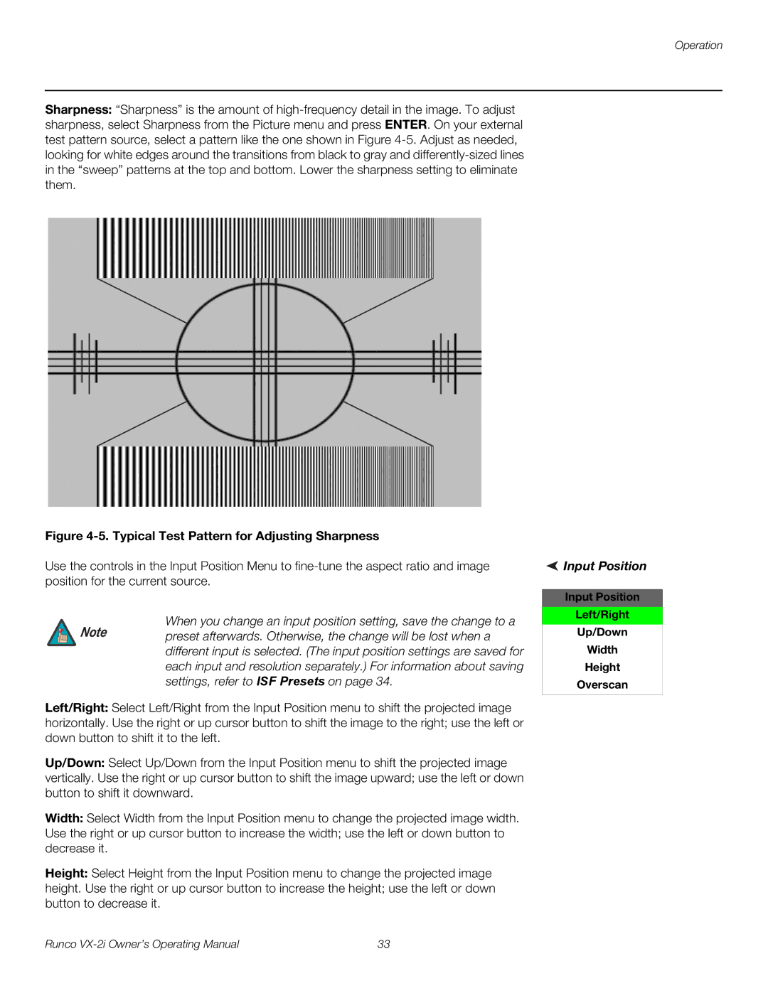 Runco VX-2i manual Input Position Left/Right Up/Down Width Height Overscan 