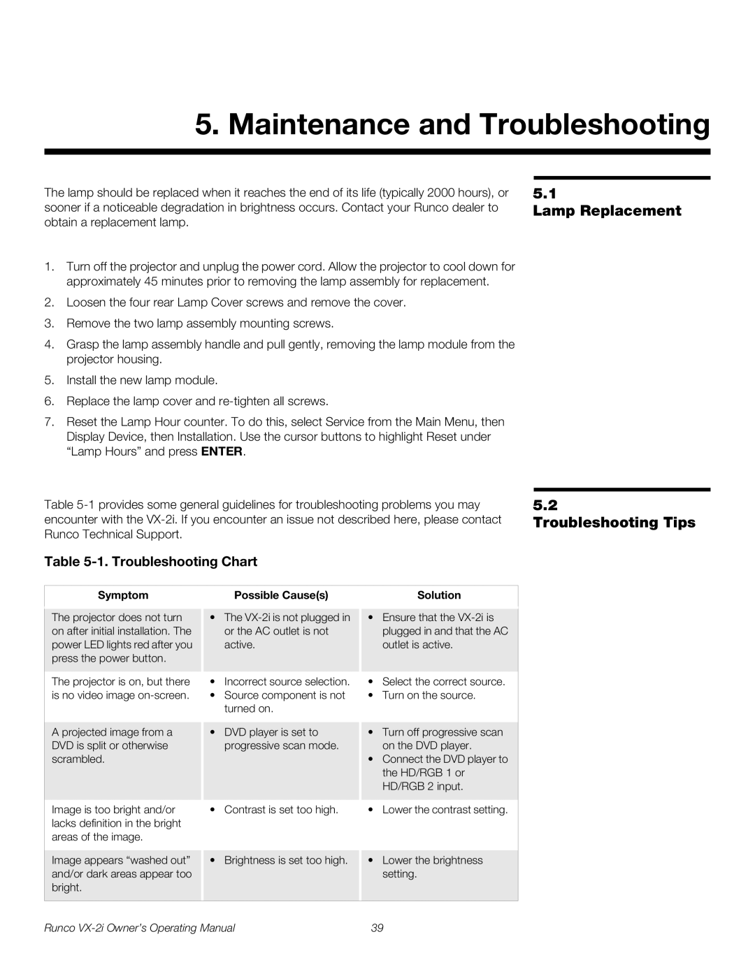 Runco VX-2i manual Maintenance and Troubleshooting, Lamp Replacement Troubleshooting Tips, Symptom Possible Causes Solution 