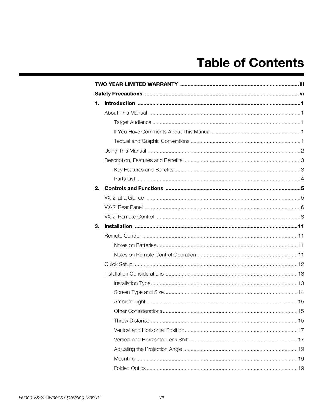 Runco VX-2i manual Table of Contents 