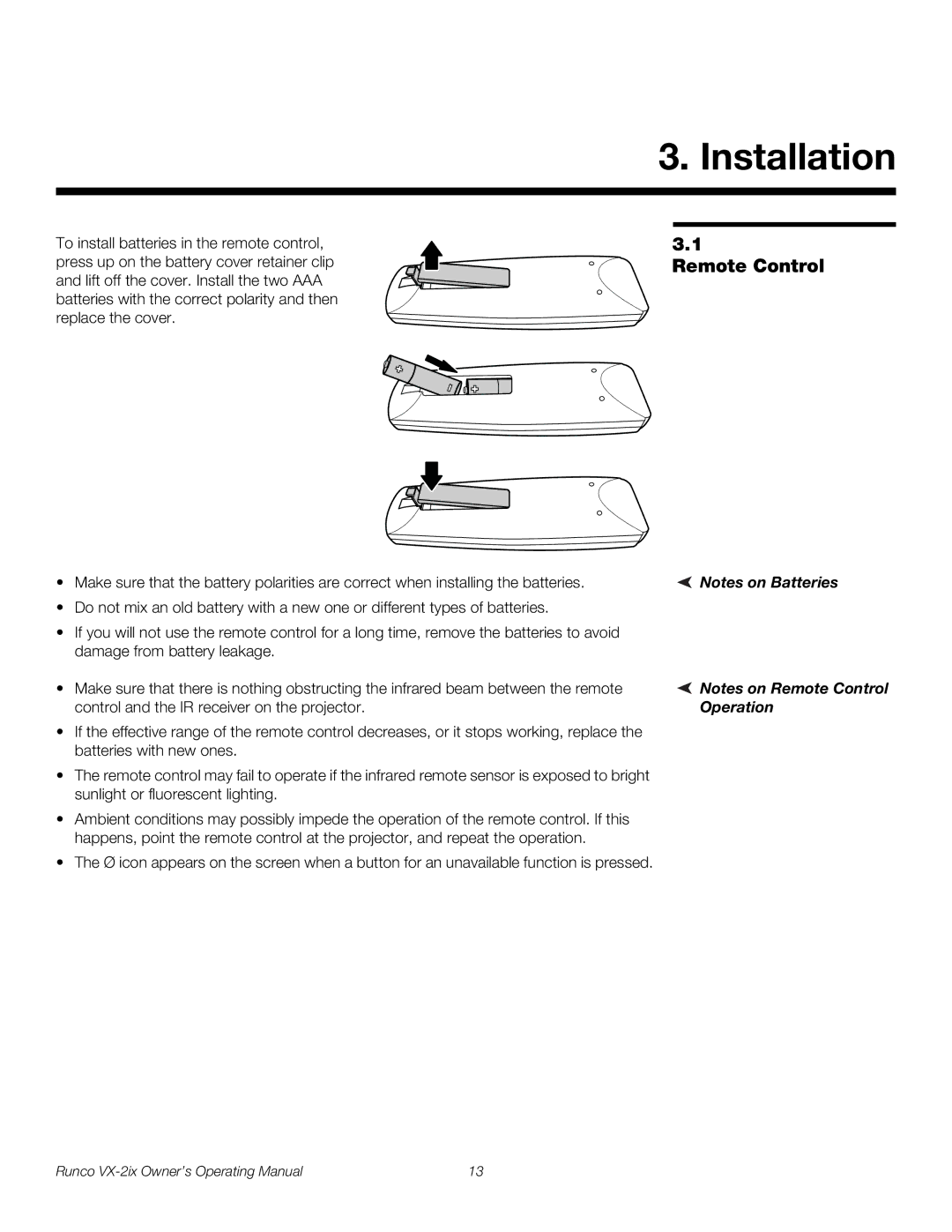 Runco VX-2IX manual Installation, Remote Control 