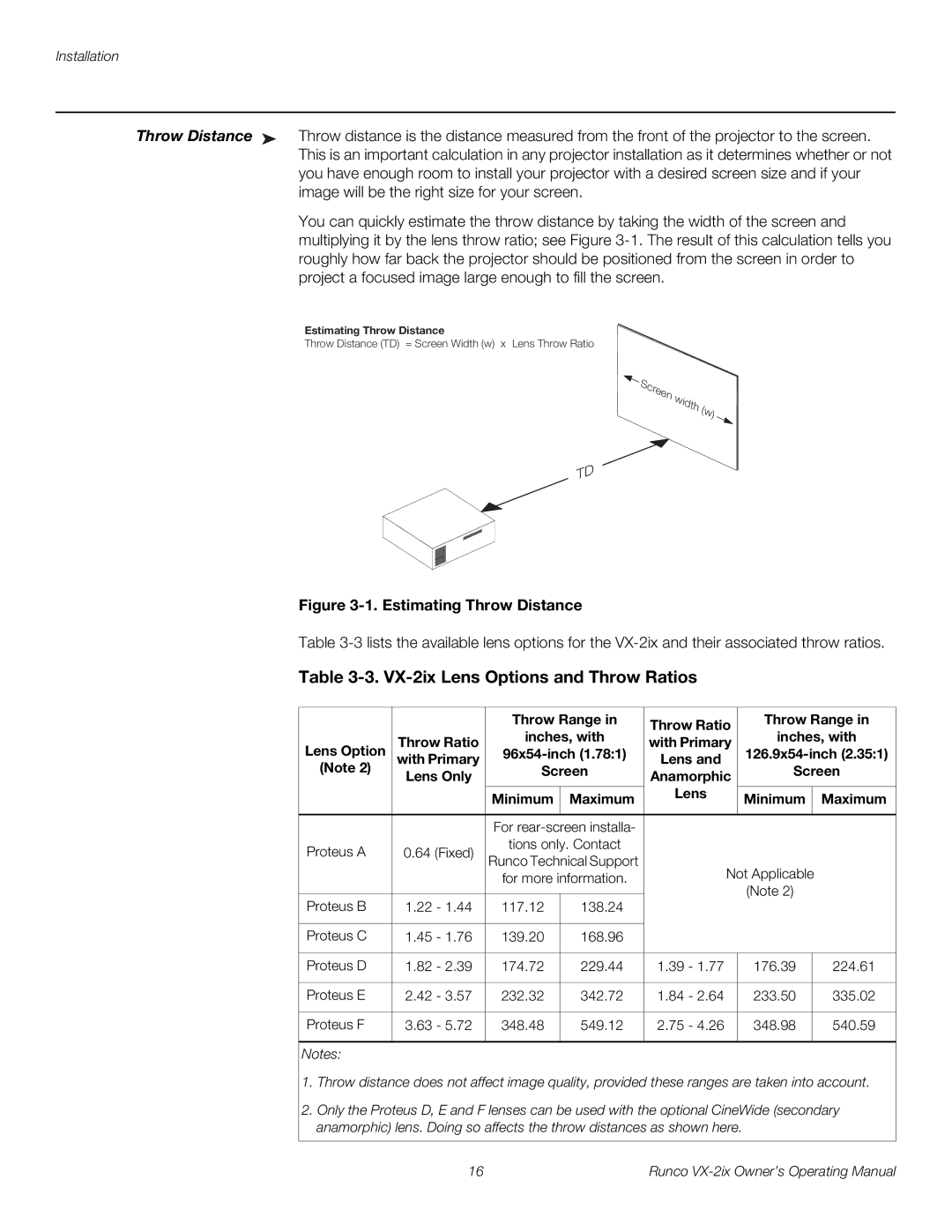 Runco VX-2IX manual Throw Range Throw Ratio Inches, with Lens Option, Lens Only Anamorphic Minimum Maximum 