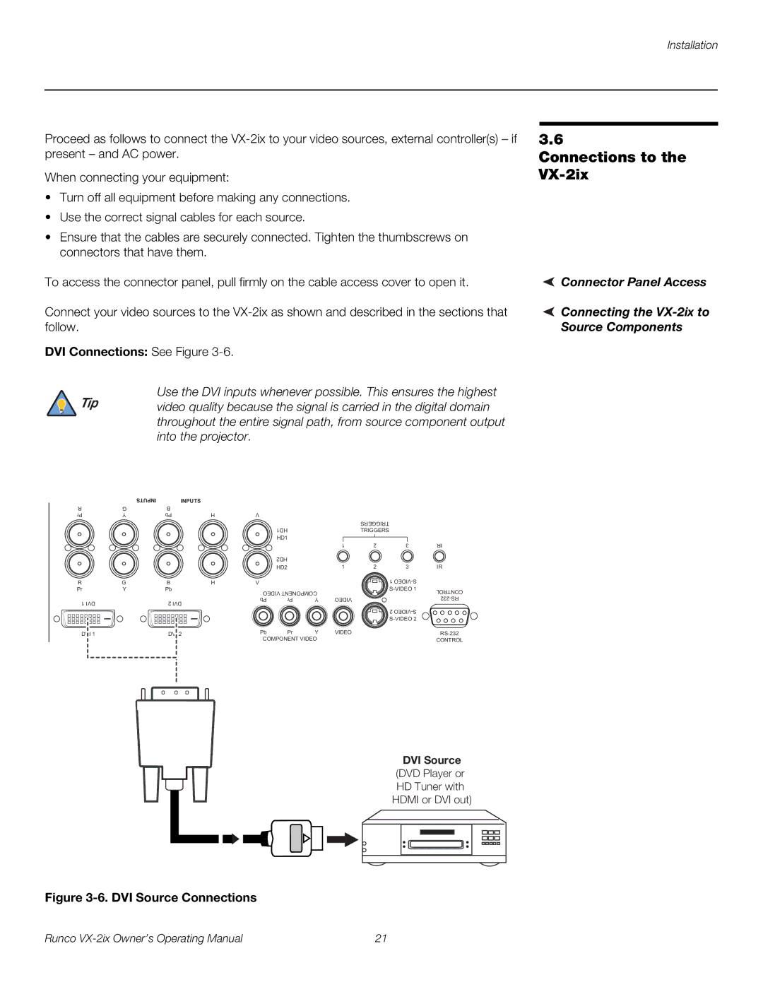 Runco VX-2IX manual Connections to, DVI Connections See Figure 