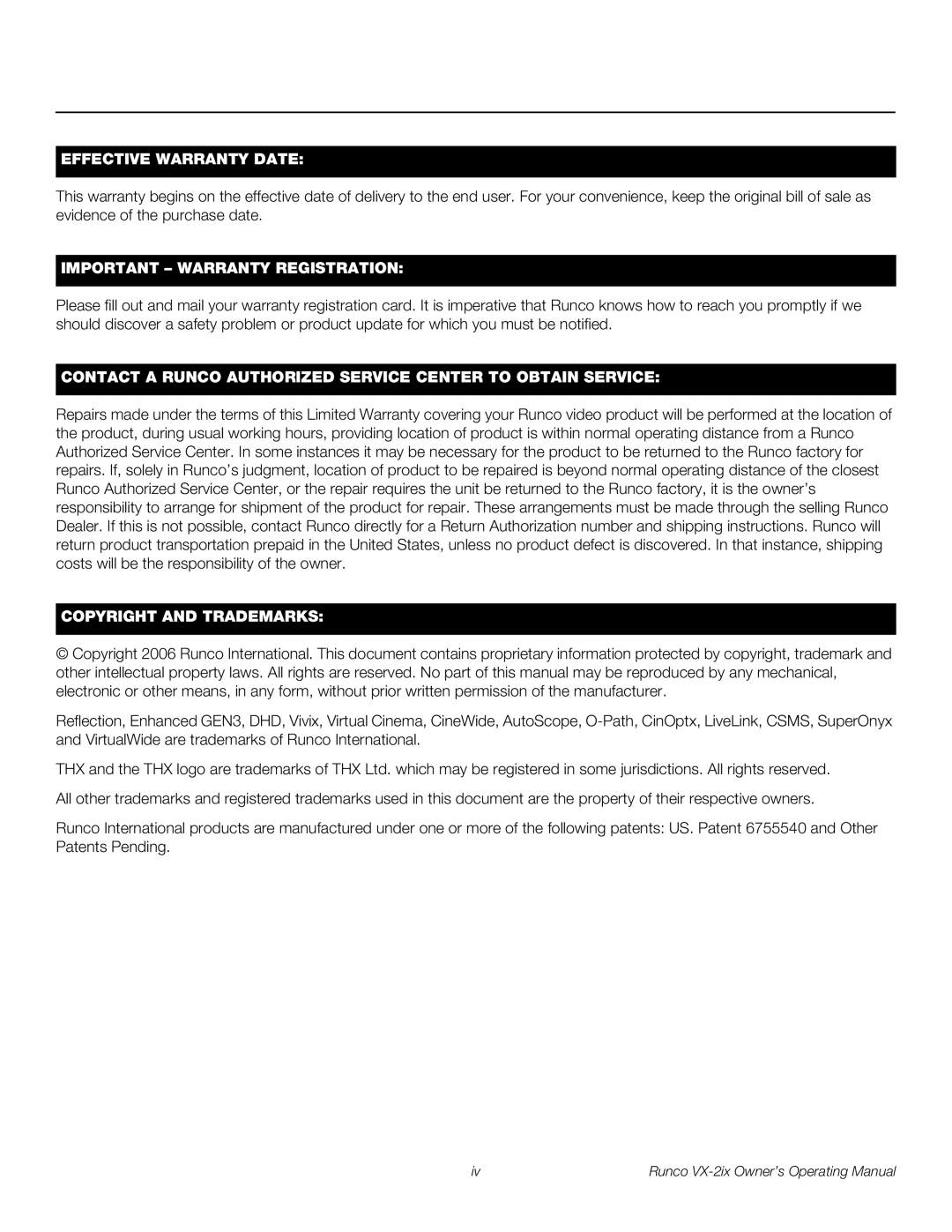 Runco VX-2IX manual Effective Warranty Date 