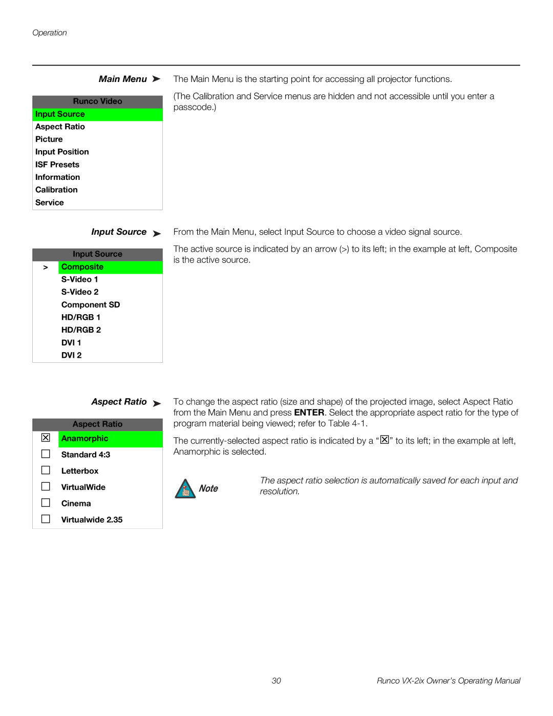 Runco VX-2IX manual Main Menu, Input Source, Aspect Ratio 