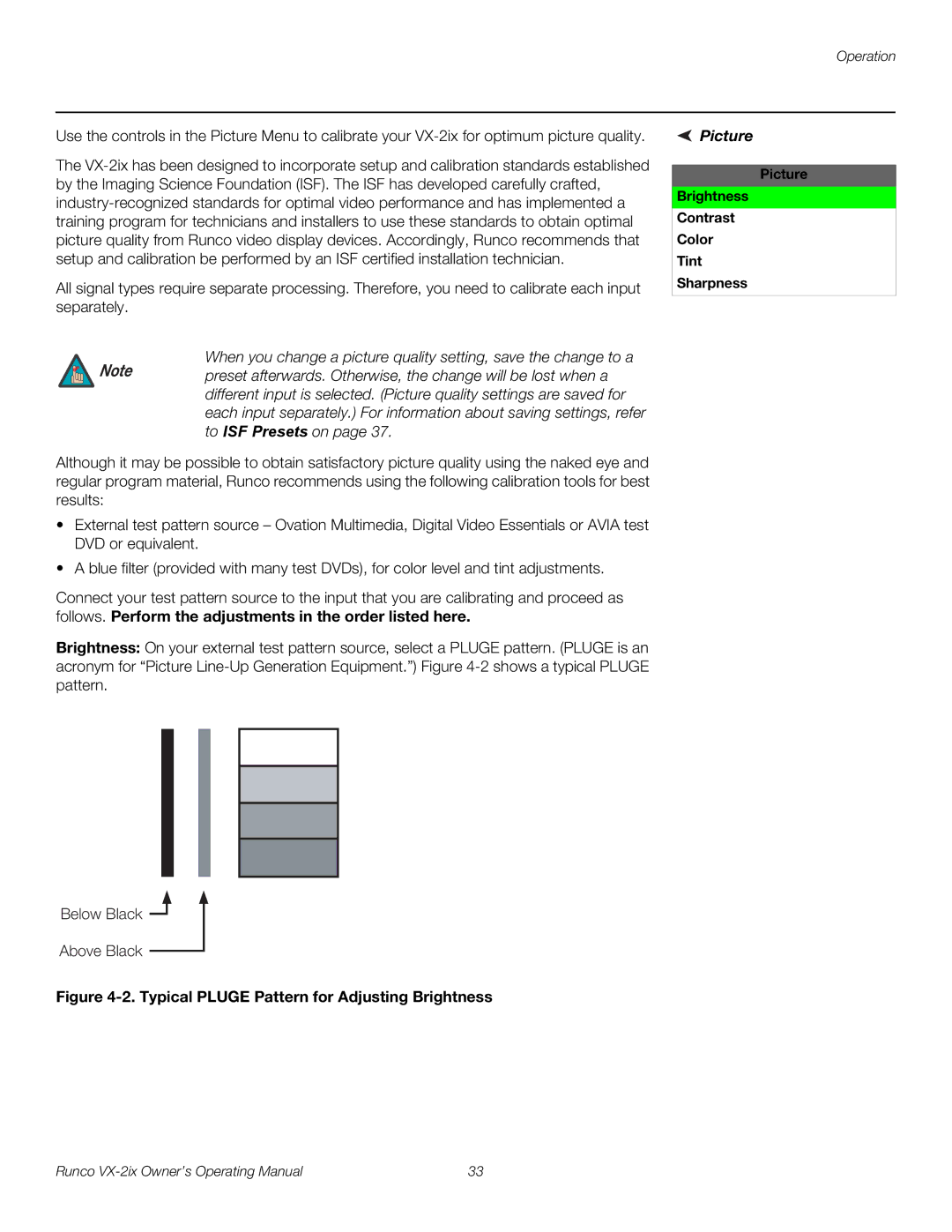 Runco VX-2IX manual Picture Brightness Contrast Color Tint Sharpness 