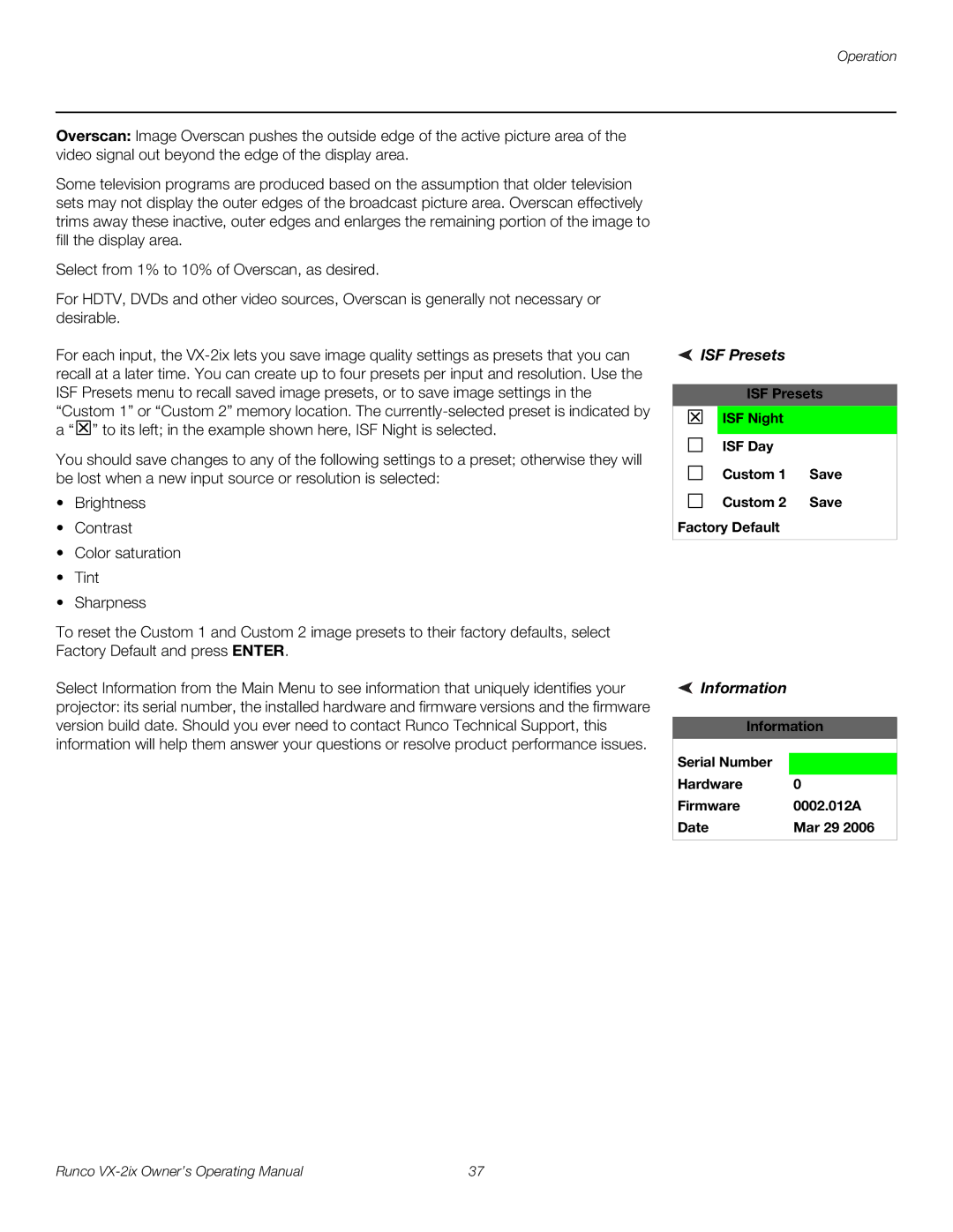 Runco VX-2IX manual Information, ISF Presets ISF Night ISF Day Custom Save Factory Default 