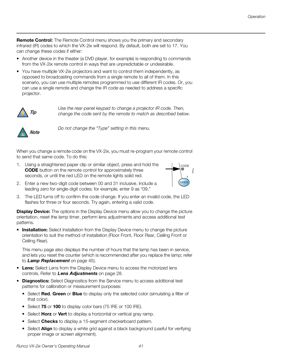 Runco VX-2IX manual Do not change the Type setting in this menu 