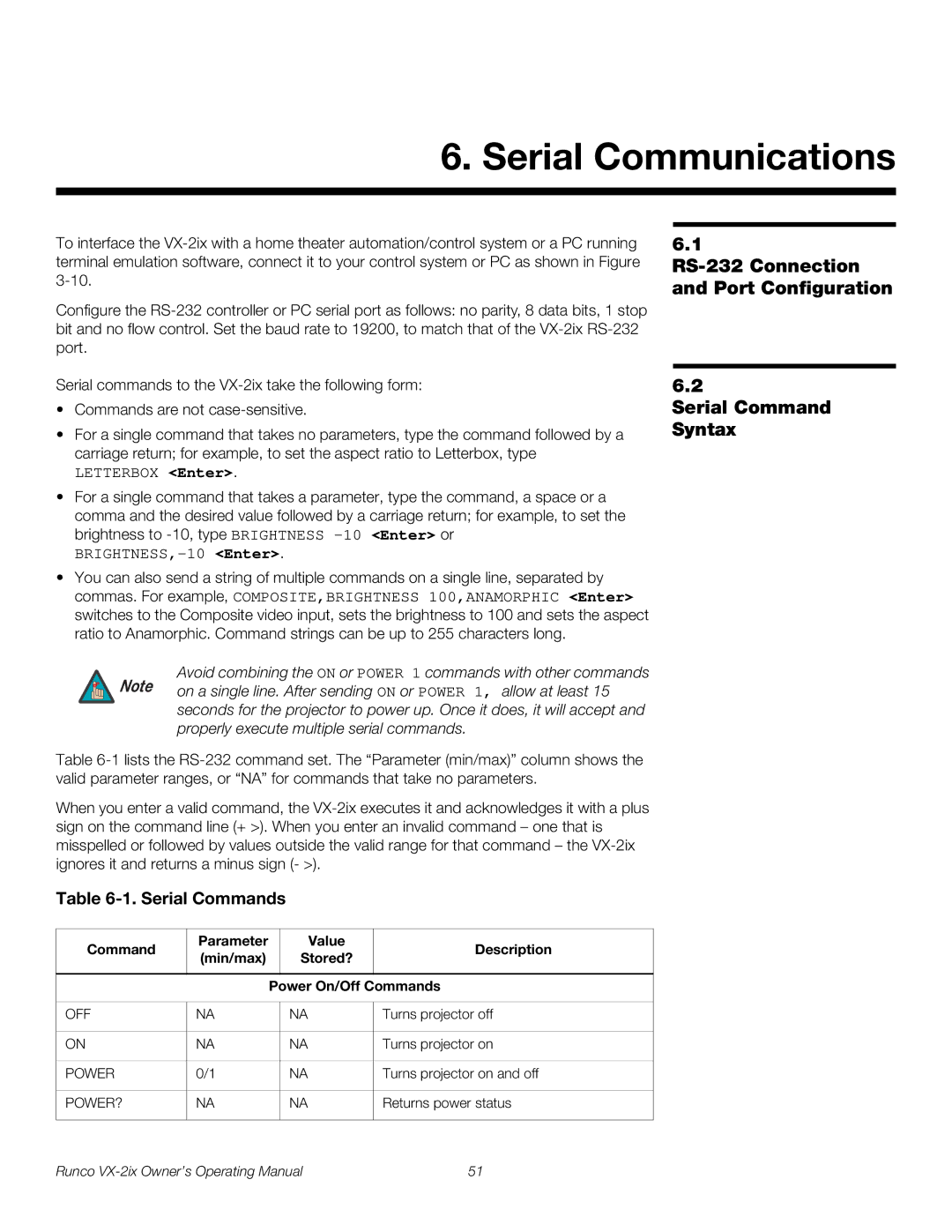 Runco VX-2IX manual Serial Communications, RS-232 Connection and Port Configuration, Serial Command Syntax 