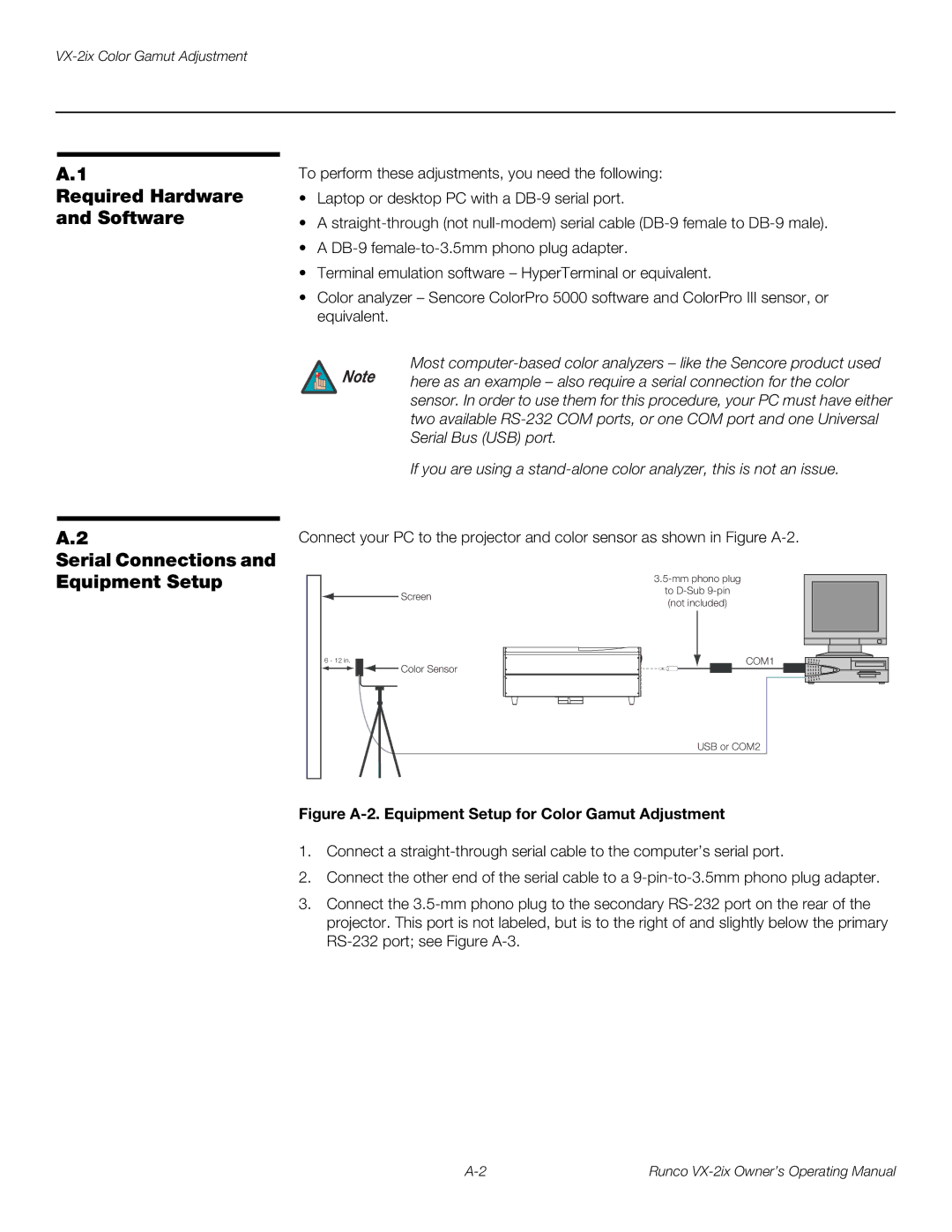 Runco VX-2IX manual Required Hardware Software, Serial Connections Equipment Setup 