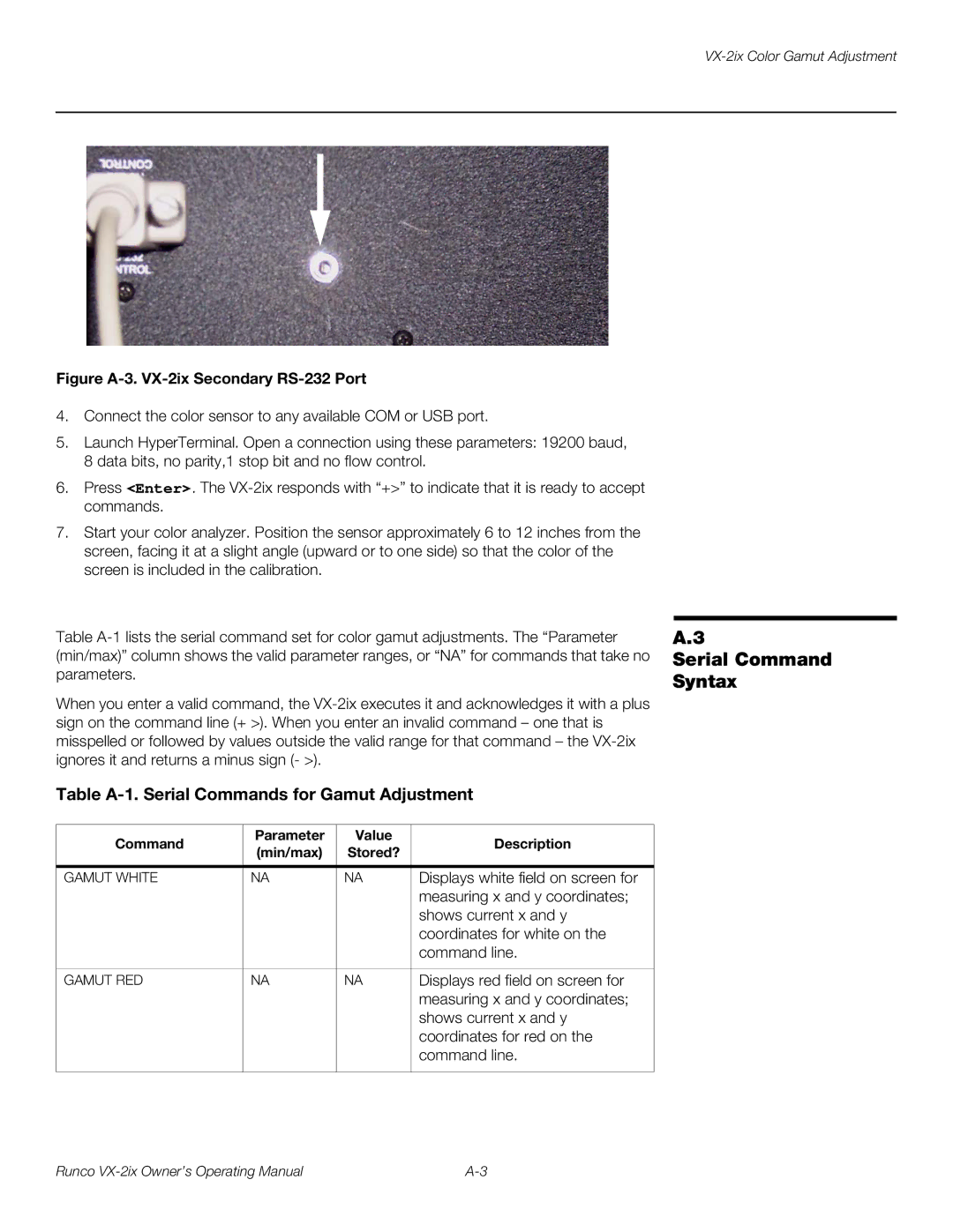 Runco VX-2IX manual Figure A-3. VX-2ix Secondary RS-232 Port, Command Parameter Value Description Min/max 