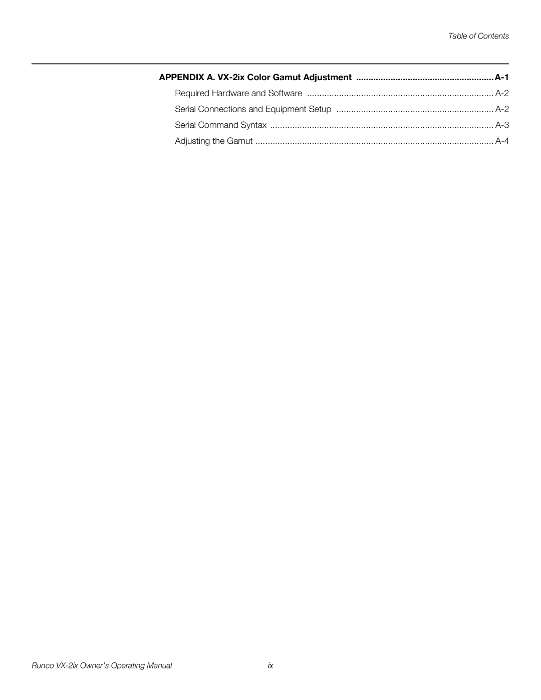Runco VX-2IX manual Appendix A. VX-2ix Color Gamut Adjustment 