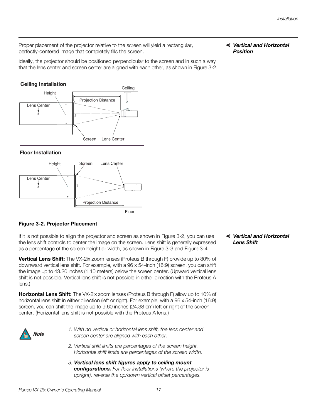 Runco VX-2IX manual Vertical and Horizontal, Position, Lens Shift 