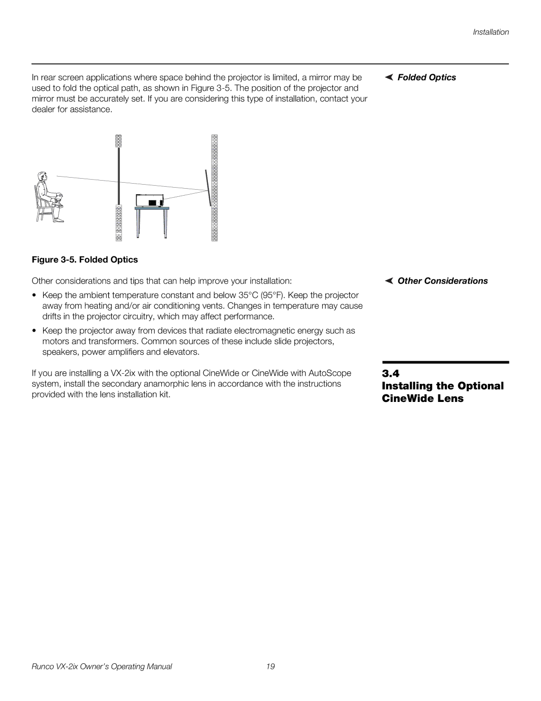 Runco VX-2IX manual Installing the Optional CineWide Lens, Folded Optics Other Considerations 