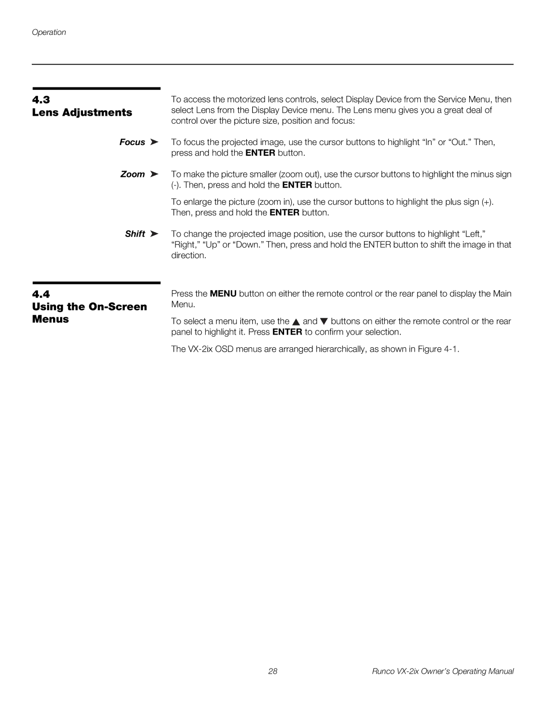 Runco VX-2IX manual Lens Adjustments, Using the On-Screen Menus, Focus Zoom Shift 