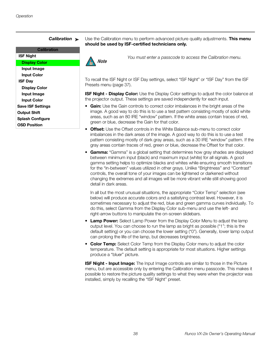 Runco VX-2IX manual Calibration, Should be used by ISF-certified technicians only 