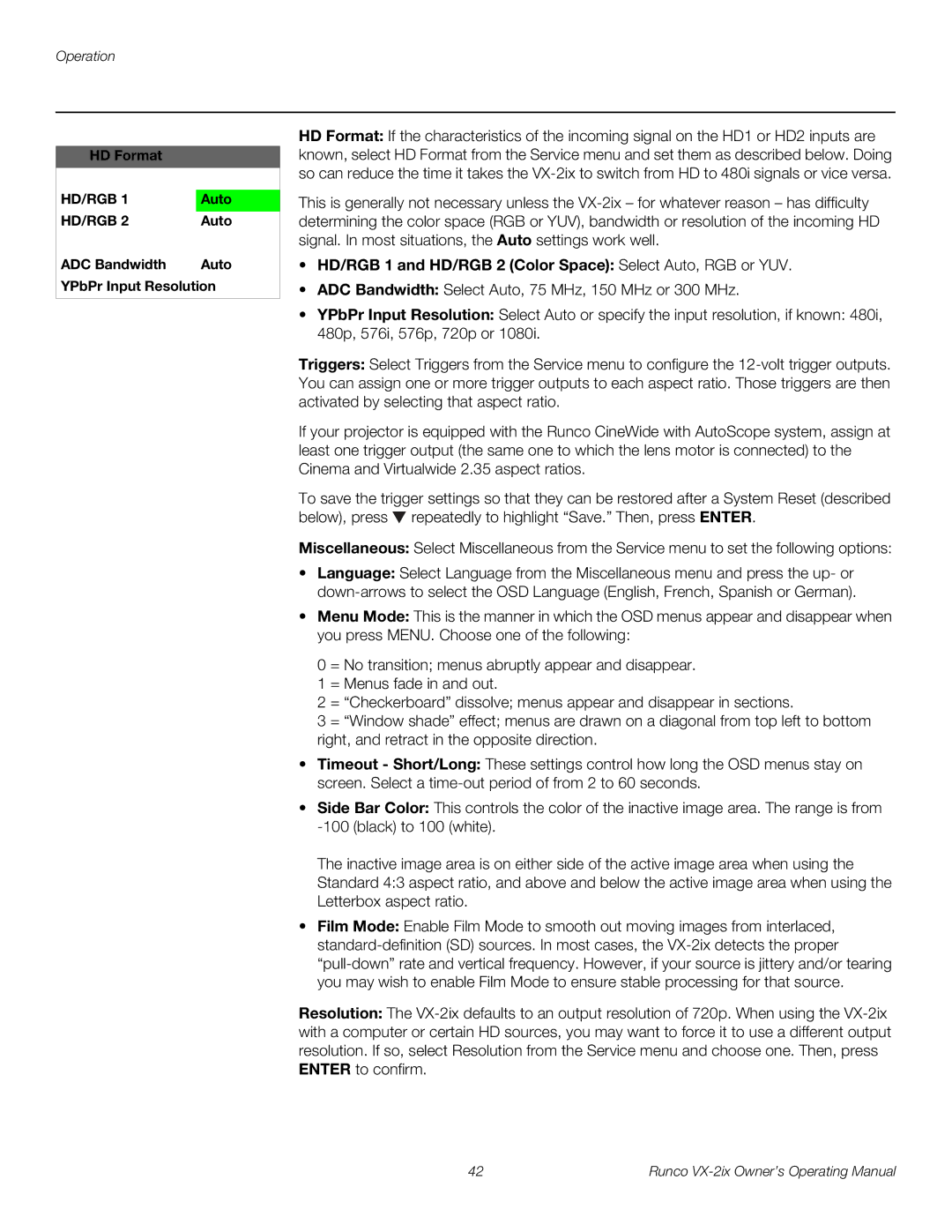 Runco VX-2IX manual HD/RGB 1 and HD/RGB 2 Color Space Select Auto, RGB or YUV, ADC Bandwidth Auto YPbPr Input Resolution 