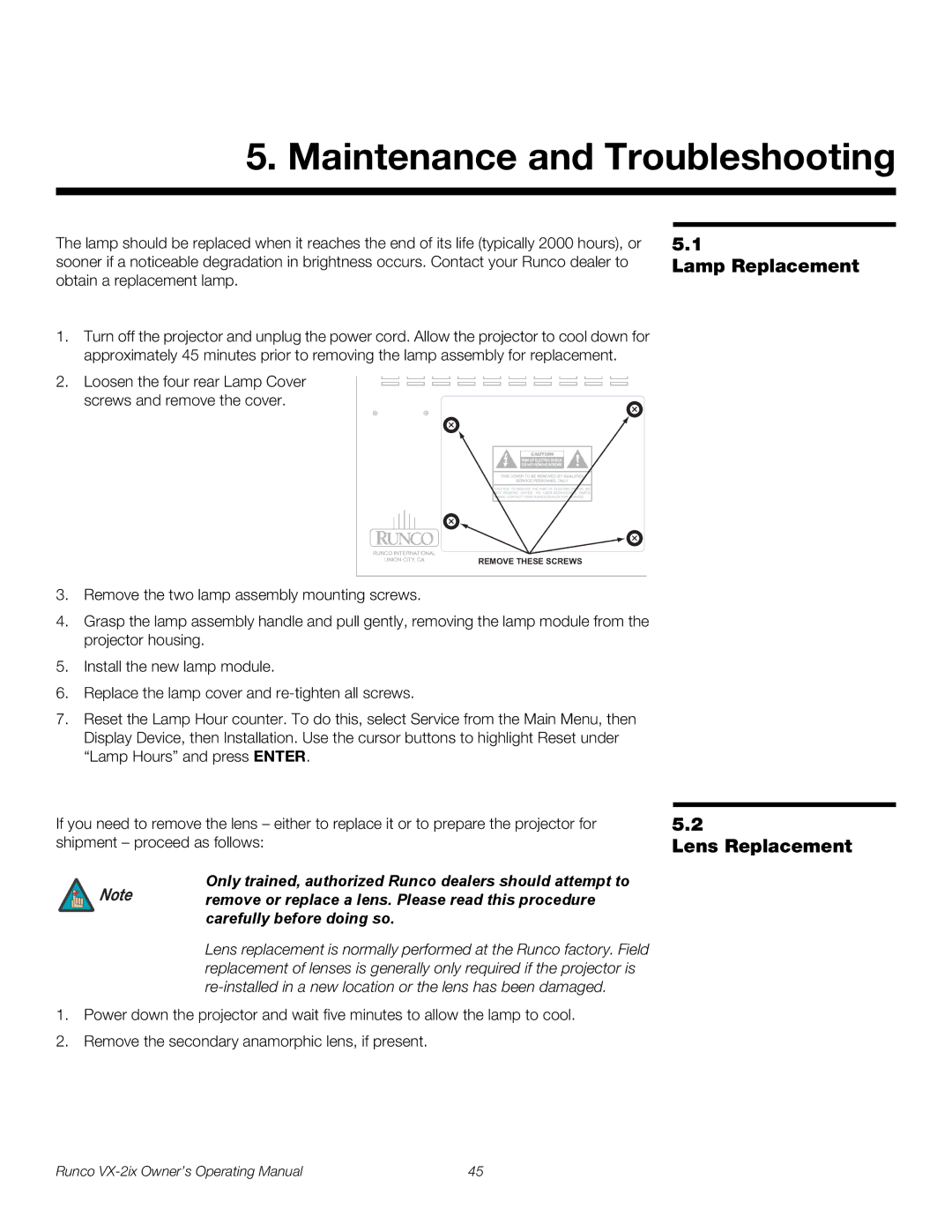 Runco VX-2IX manual Maintenance and Troubleshooting, Lamp Replacement, Lens Replacement 