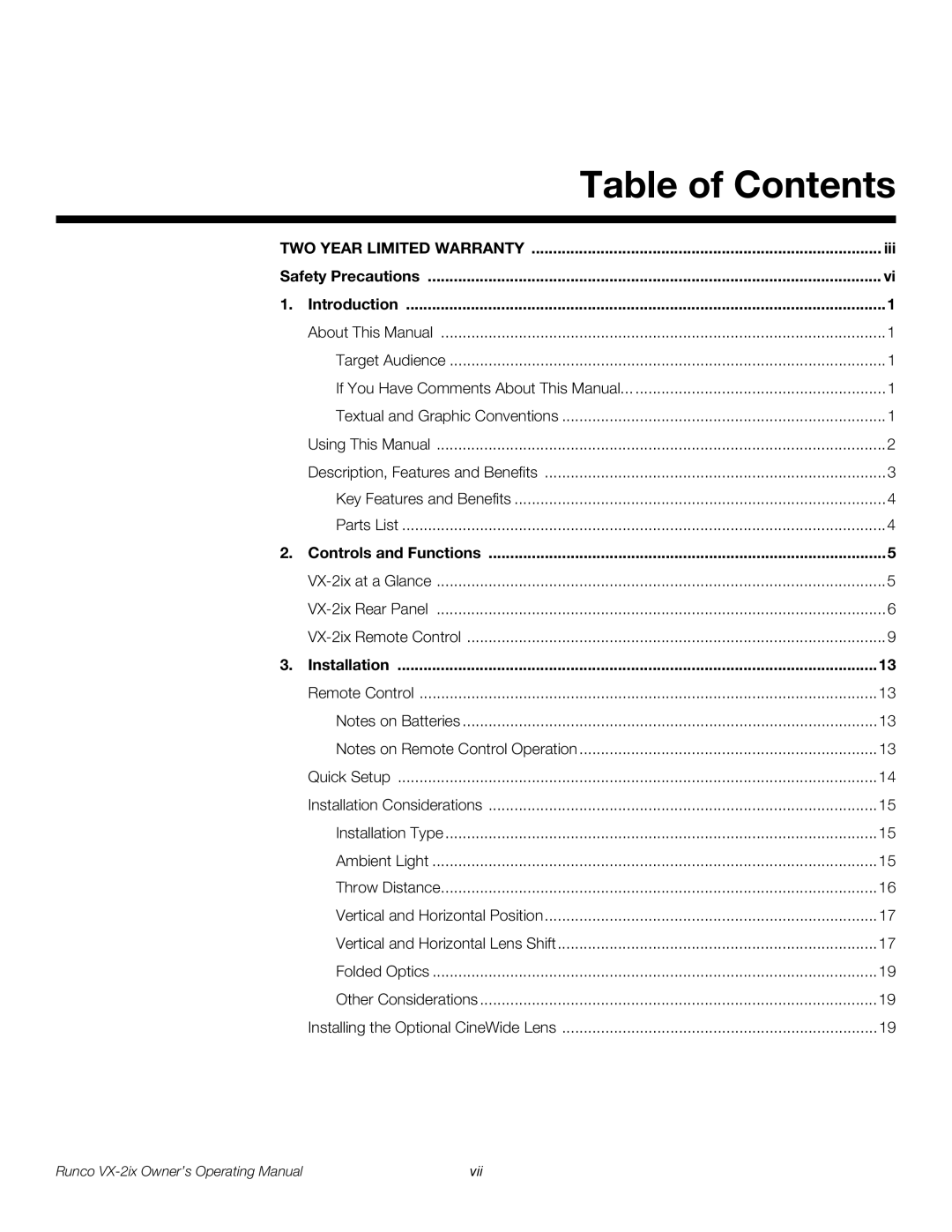 Runco VX-2IX manual Table of Contents 